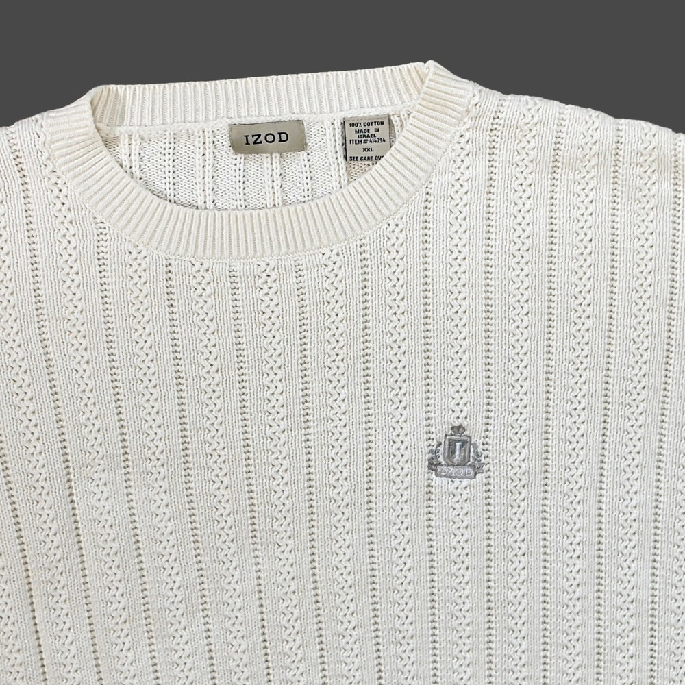 VTG IZOD Ivory Cable Knit Cotton Fisherman Sweater Mens XXL Embroidered Crest
